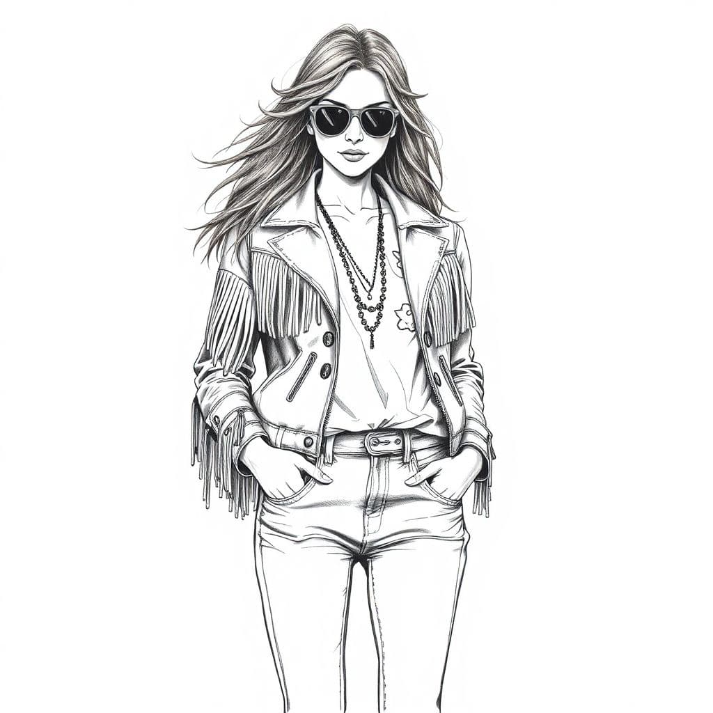 AI generated: pen and ink style stipulated beautiful hippy women wearing a fringe jacket and jeans,