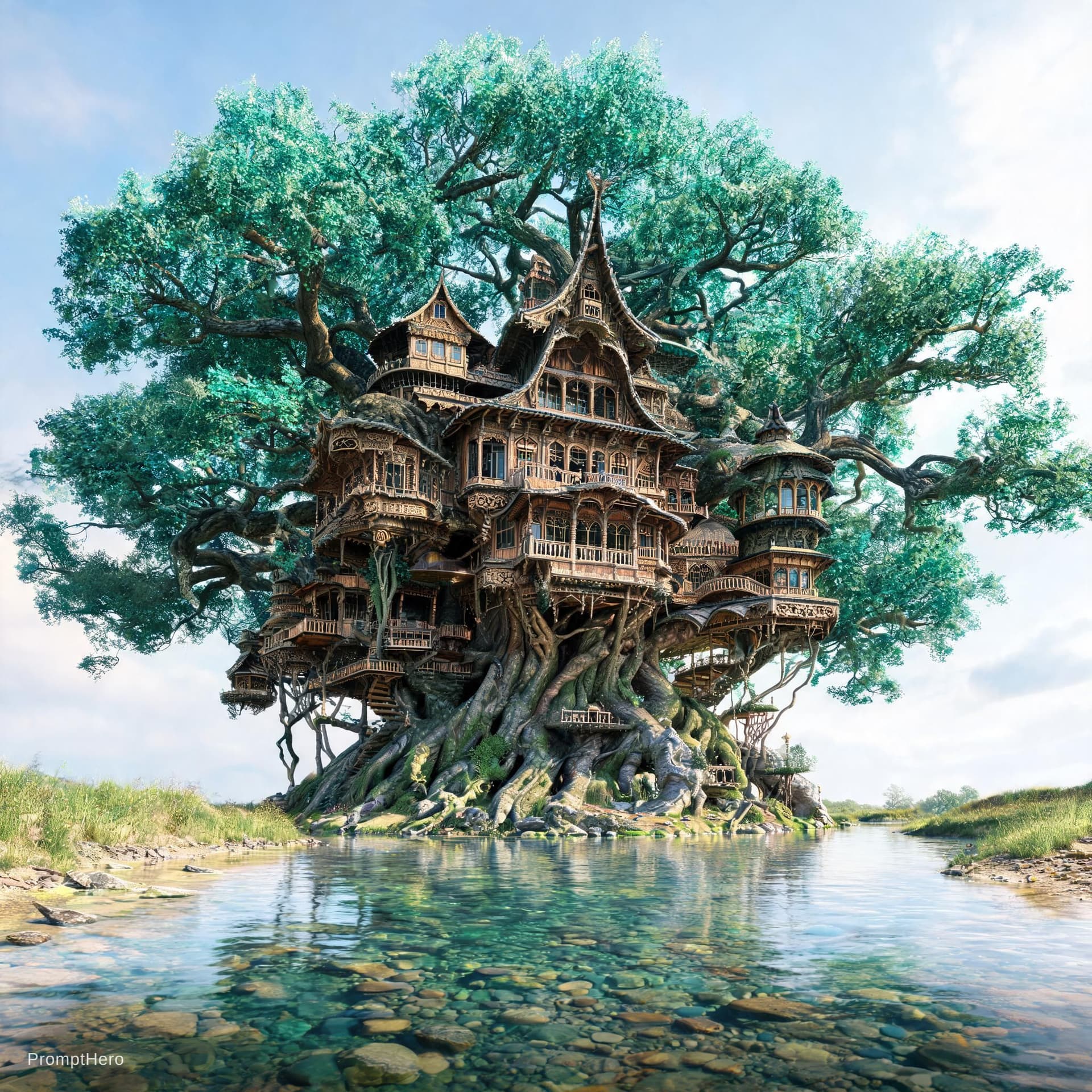 AI generated: the Angel Oak tree house, intricate ornate treehouse in a amazing gigantic turquoise Angel Oak, on t...
