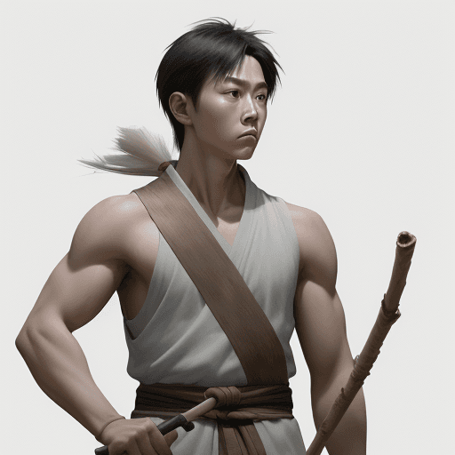 AI generated: A young man holds a stick behind his neck, leaning on it with his wrist resting horizontally on the ...