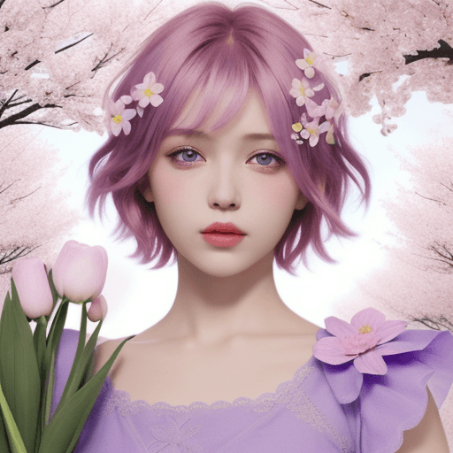 AI generated:  girl pink short hair purple eyes god of spring with powers and flowers
