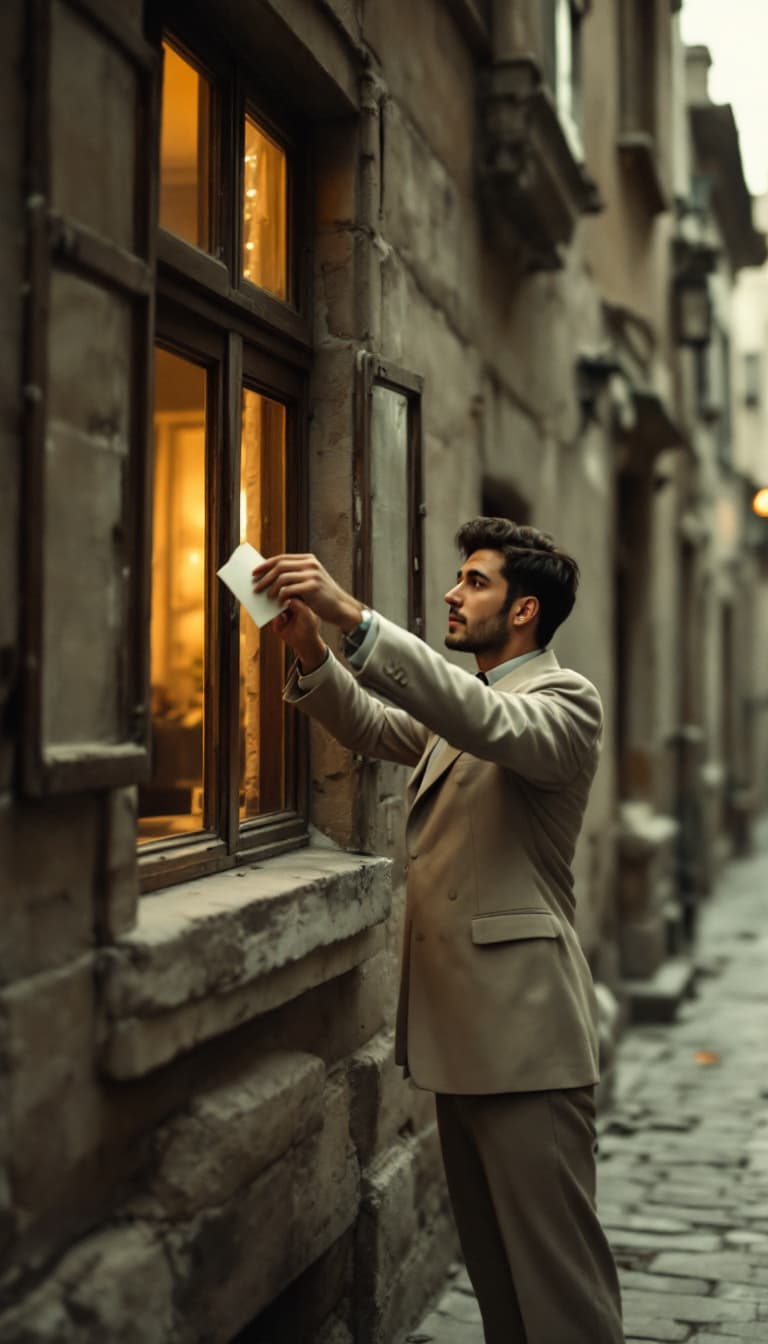 AI generated: A young man from the 1950s standing outside an old Iranian house in the narrow alley. The window of ...