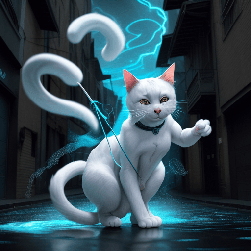 AI generated: an anthropomorphic cat wearing white linen is depicted in an action pose, swirling water with an arr...