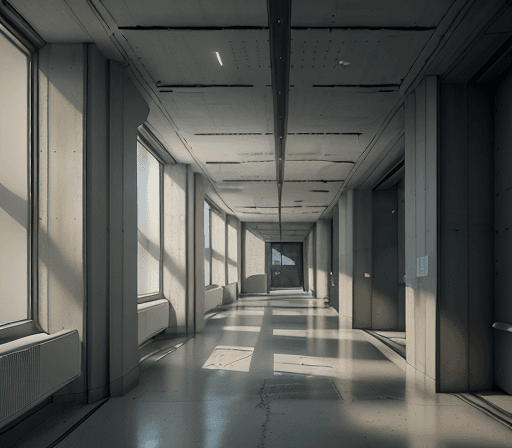 AI generated: hyperrealistic photograph of the interior of a hallway of a building in which you can see a wall wit...
