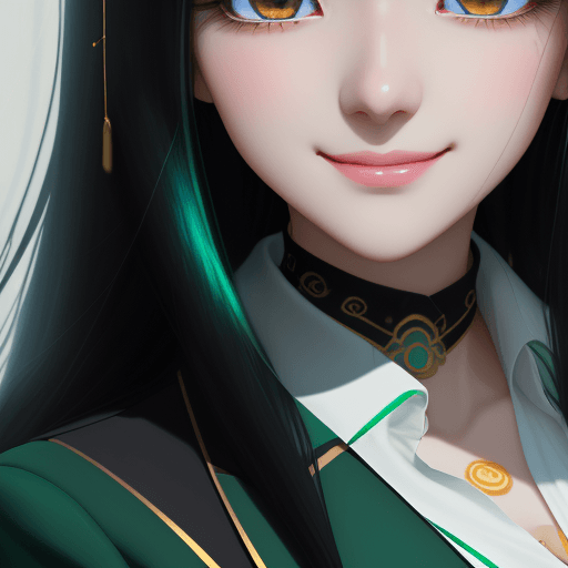 AI generated: 
girl with long black hair in black blazer and white blouse, azure eyes, shy smile, in the style of ...
