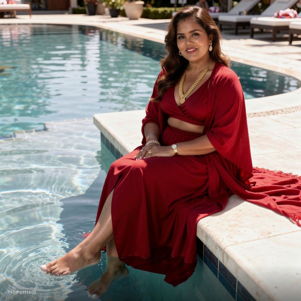 AI generated: a woman in a red bikini sitting on the edge of a pool in the sun, squatting down next to a pool, nex...