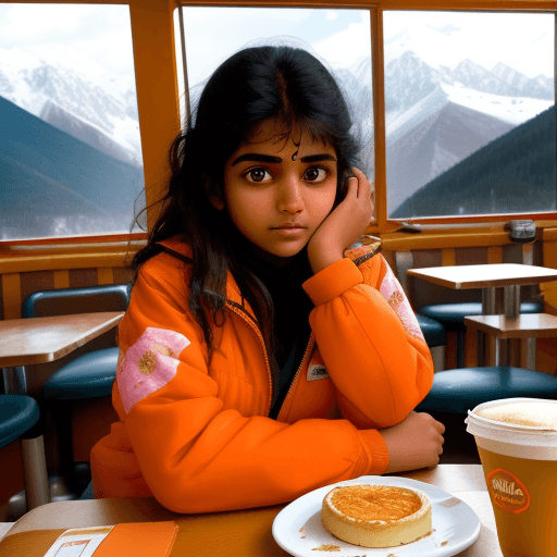 AI generated: A beautiful indian girl girl in a 90’s mountain top diner. A slice of hot pie 🥧 with cream and a co...