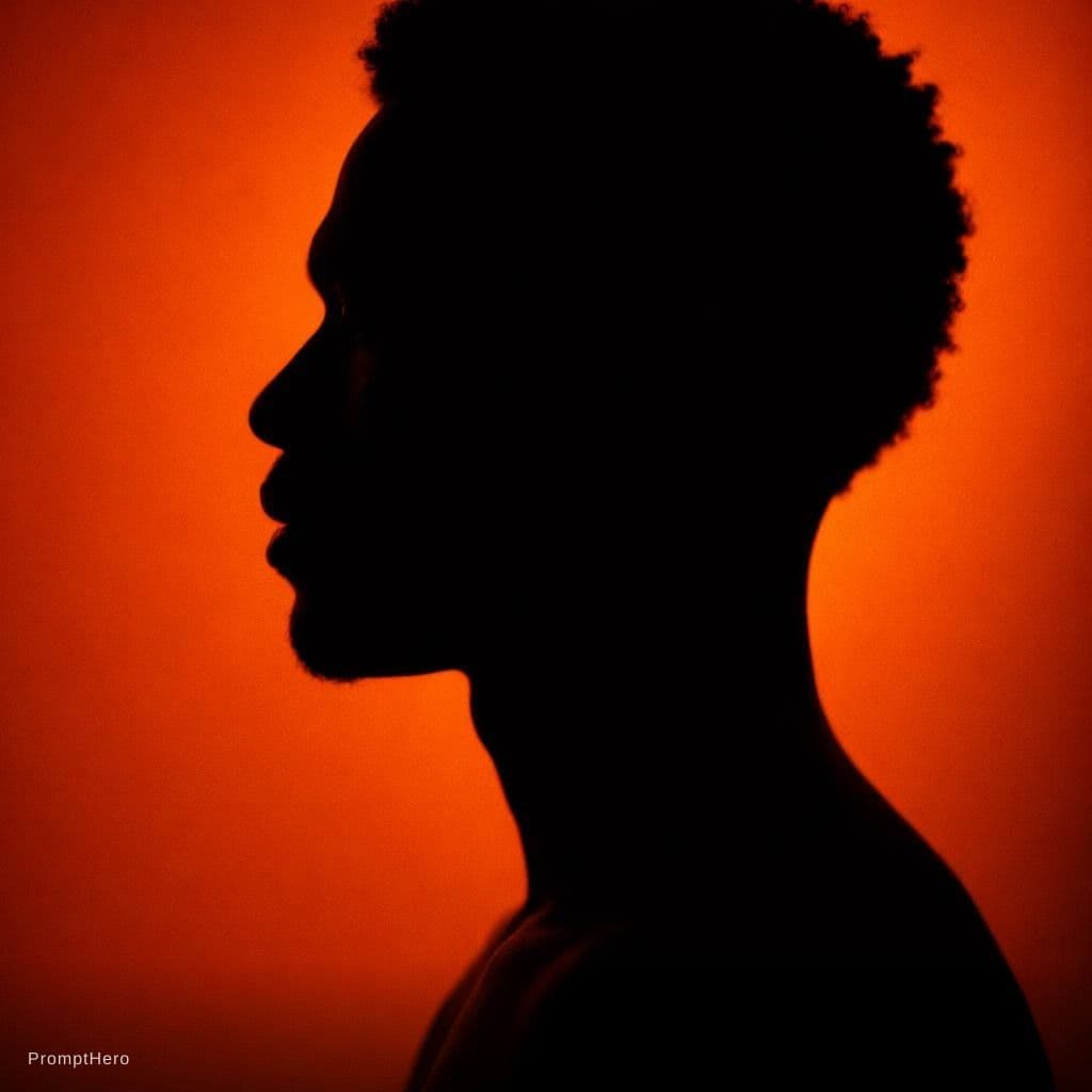 AI generated: photography, portrait of contrast, profile silhouette of a black man, vibrant orange backdrop, visua...