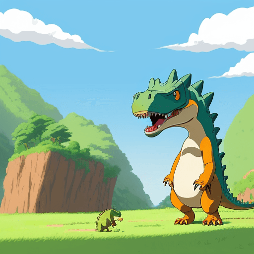 AI generated: cartoon 2D sunny bright Studio Ghibli-style image : dinosaur : cinematic --ar 68:128 --stylize 750 -...