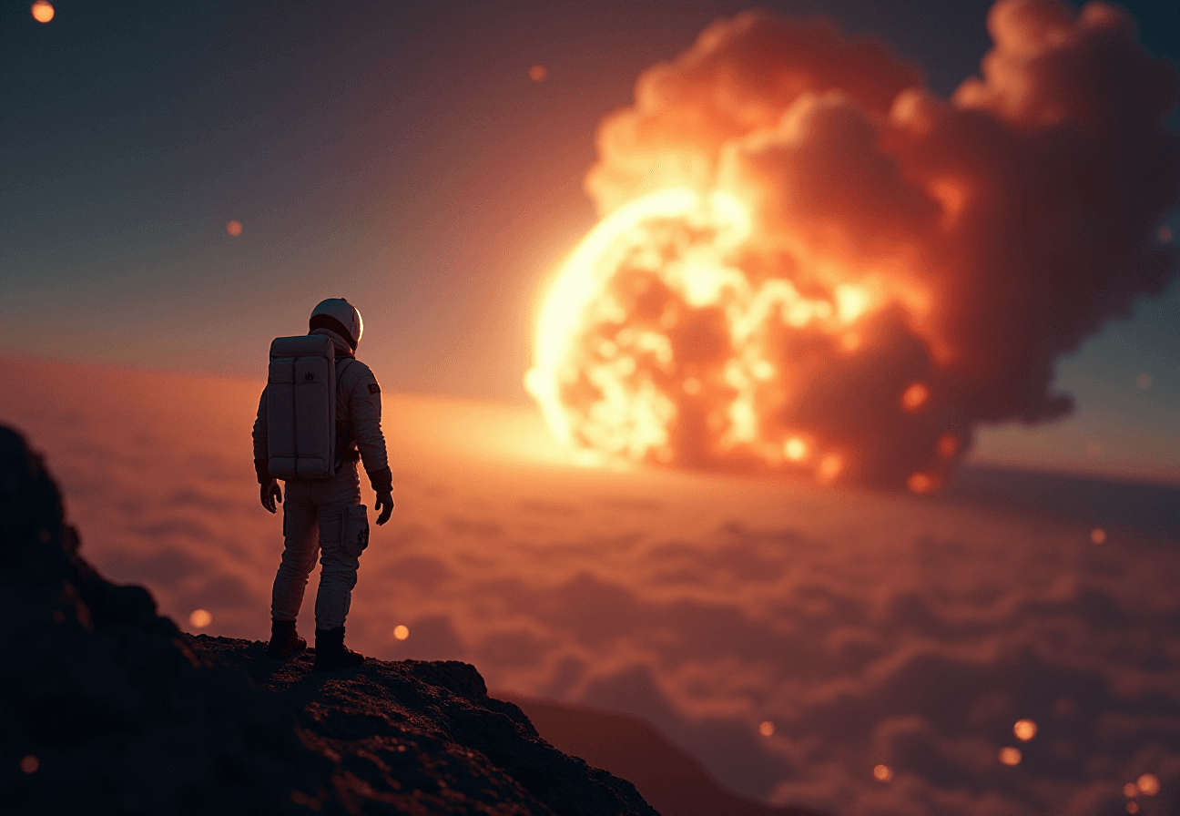 AI generated: portrait of man in space suit floating in space, sharp focus, realistic, hyperrealistic, cinematic -...