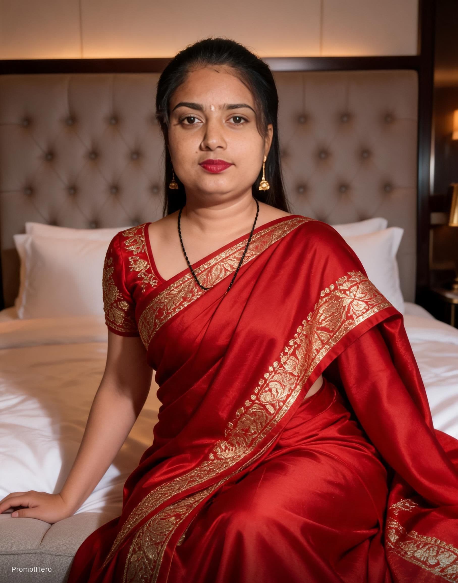 AI generated: Transparent Red wet saree Indian woman, Kajol devgn,without blouse, tight, sleeping on edge on bed, ...