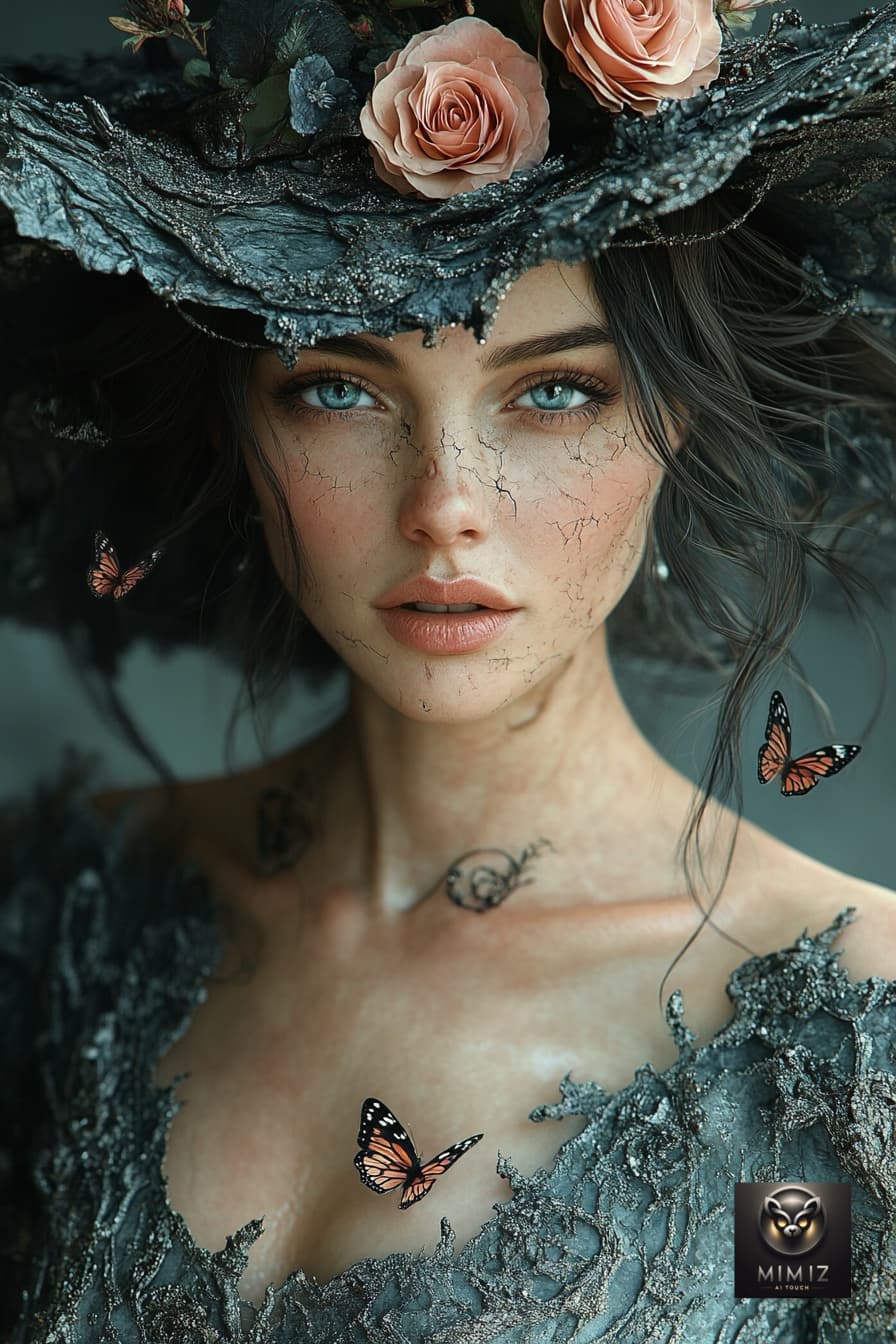 AI generated: MidJourney
gothic witch woman in cracked stone-textured dress, wide-brimmed hat with roses, butterfl...