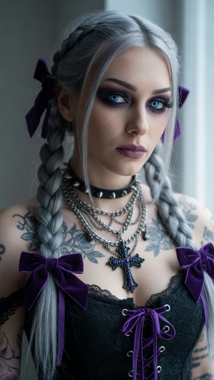 AI generated: Ultra-realistic photograph of a beautiful young woman with striking ice-blue eyes, long silver-gray ...