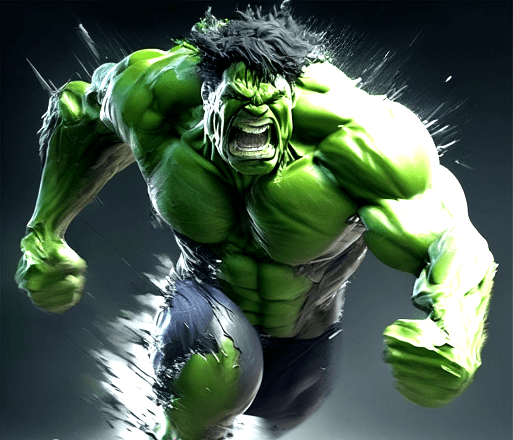 AI generated: Active, full-leg and facial composition of super hero "Hulk", with long hair, magnificent brown legs...