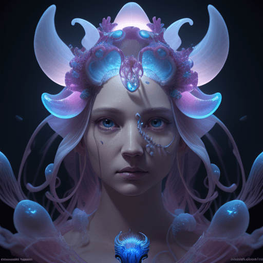 AI generated: Goddess close-up portrait ribcagel. jellyfish phoenix head, nautilus, orchid, skull, betta fish, bio...