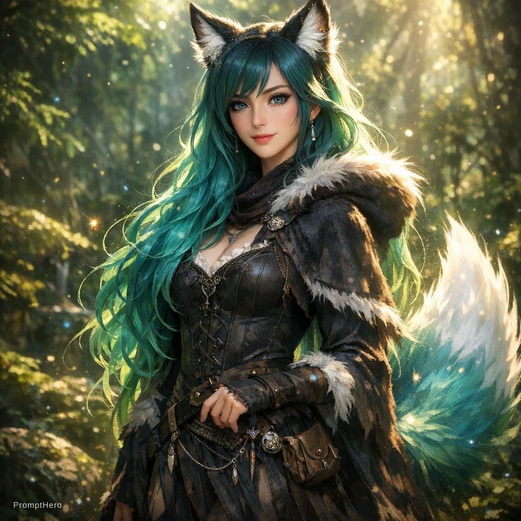 AI generated: award winning digital art of a beautiful woman with fox ears with white tips and tail, (greenblue ha...