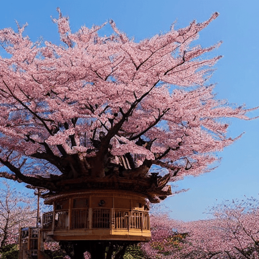 AI generated: THE CHERRY BLOSSOM TREE HOUSE :: beautiful ornate treehouse in a gigantic pink cherry blossom tree :...