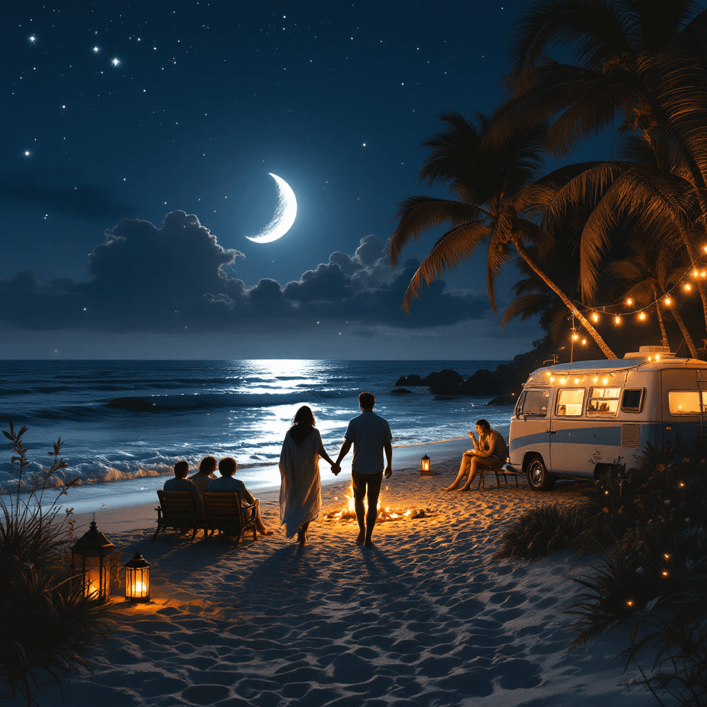 AI generated: A serene summer night by the sea — a glowing crescent moon hangs low above the calm ocean, casting s...