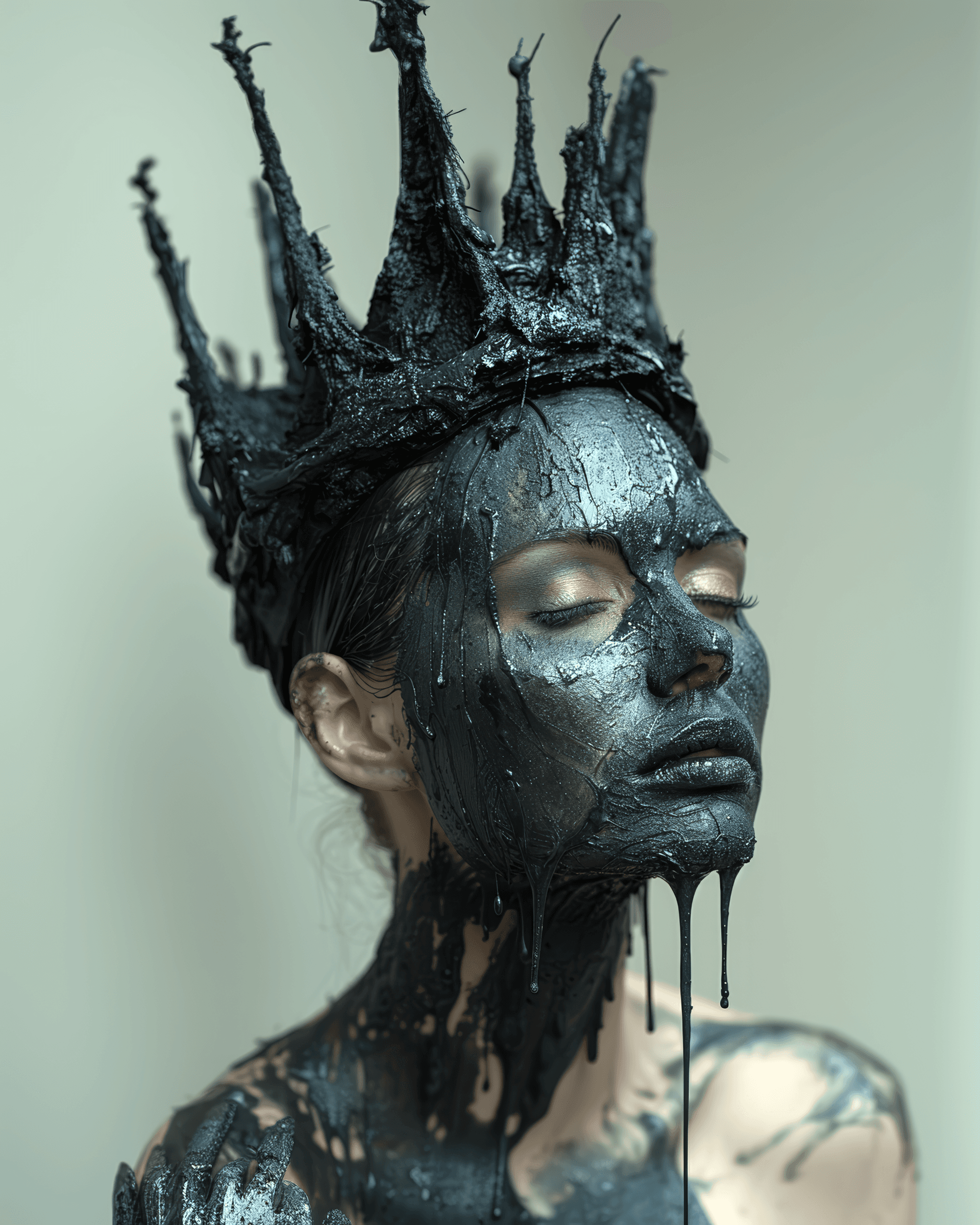 AI generated: A woman with a black crown of mud, with black hands stretching from it. Black muck drips on her shou...