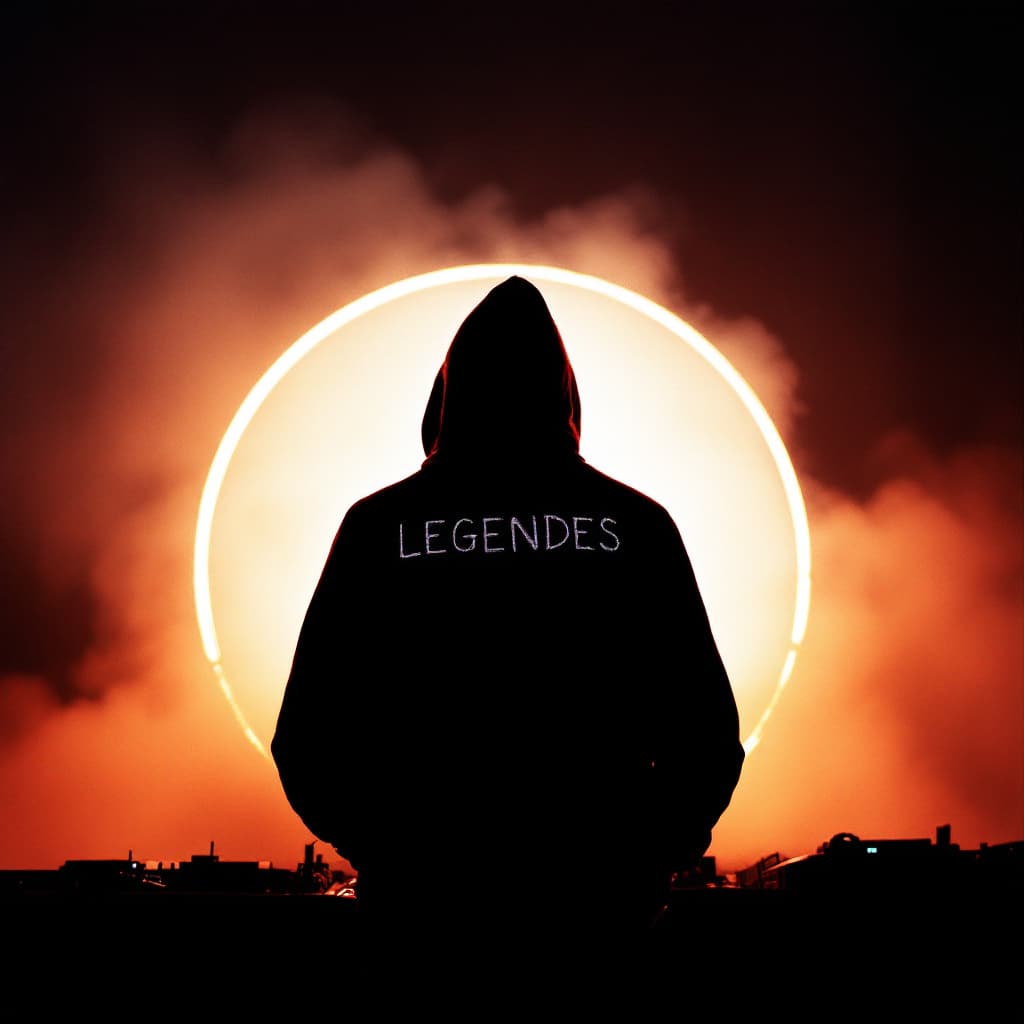 AI generated: creative silhouette photo of a DJ on stage facing the camera wearing a hoodi withe the text"LEGENDES...