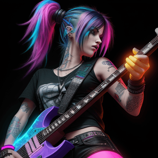 AI generated: high resolution, cyberpunk, female, colorful hair, rock star, playing electric guitar and singing lo...