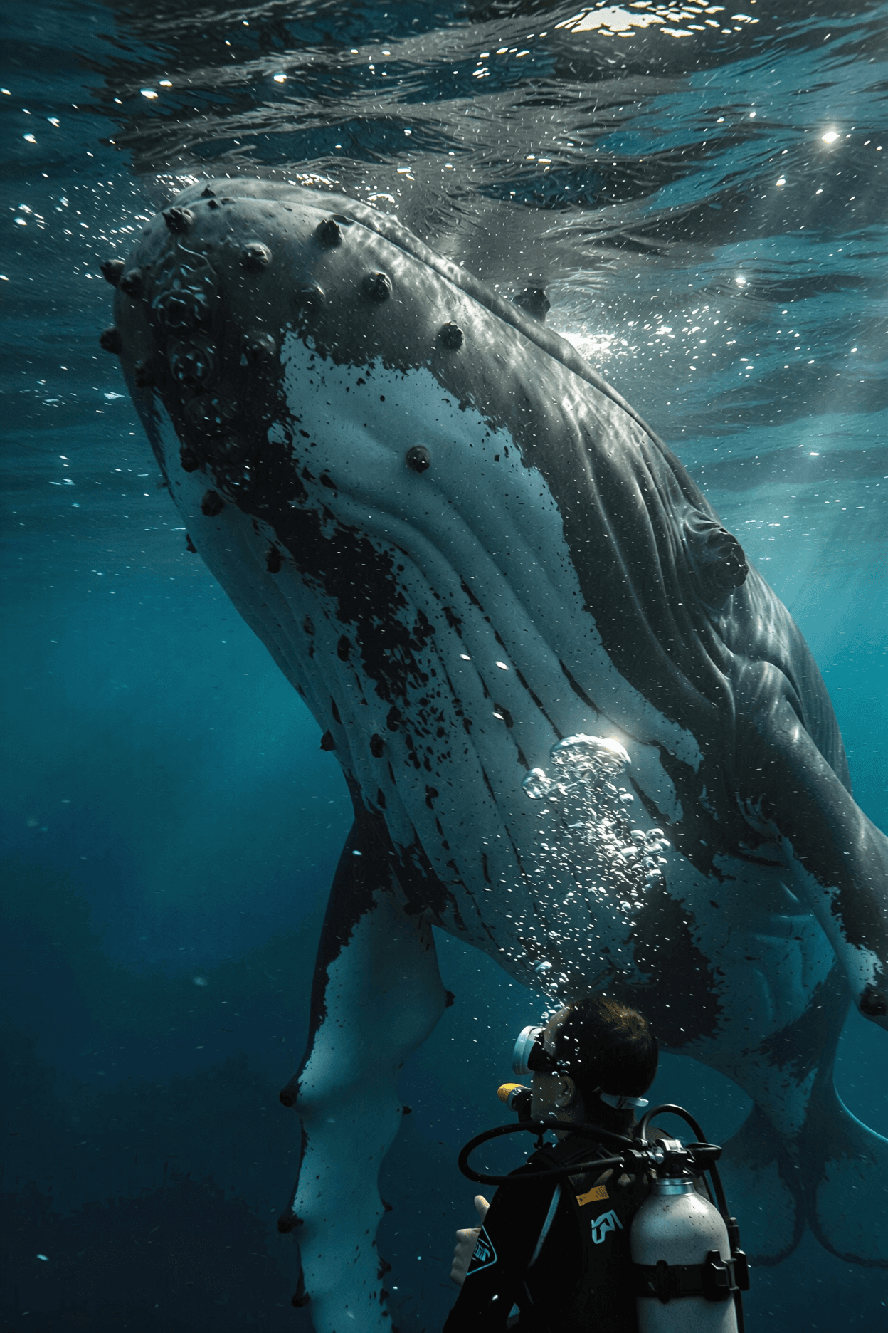 AI generated: Extreme underwater wildlife documentary shot of a scuba diver observing a massive humpback whale swi...