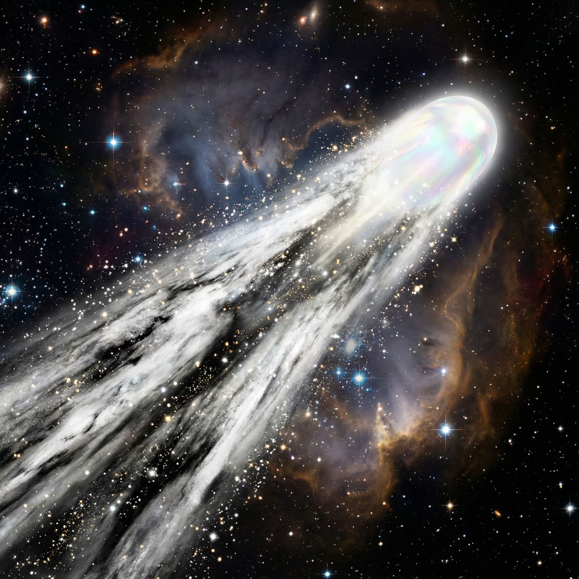 AI generated: a opal white comet with a long white and black tail with white and gold sparkles sprinkling off of i...