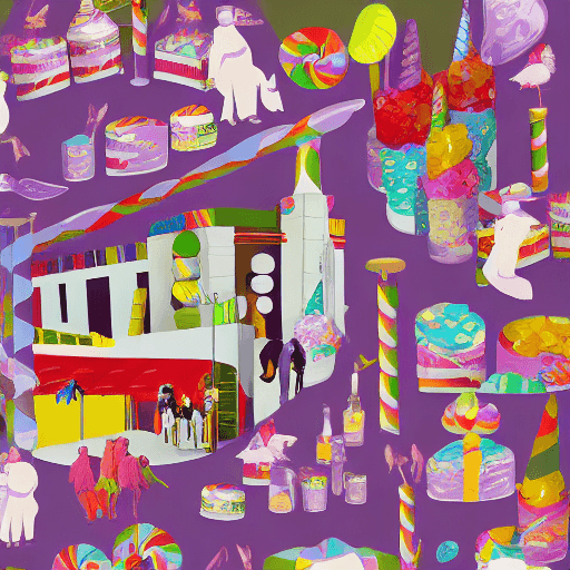 AI generated: Naturalistic collage illustration of Willy Wonka's candy factory with unicorn workers. 