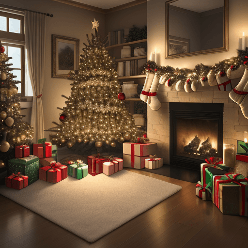 AI generated: High resolution photography Christmas eve, room, fir tree with garland, boxes with gifts,cozy atmosp...
