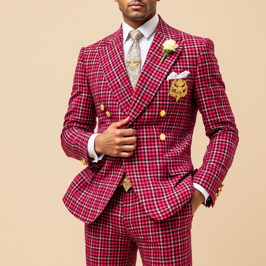 AI generated: Gingham Print suit for a man interpreted in a modern extravagant way with gold treads