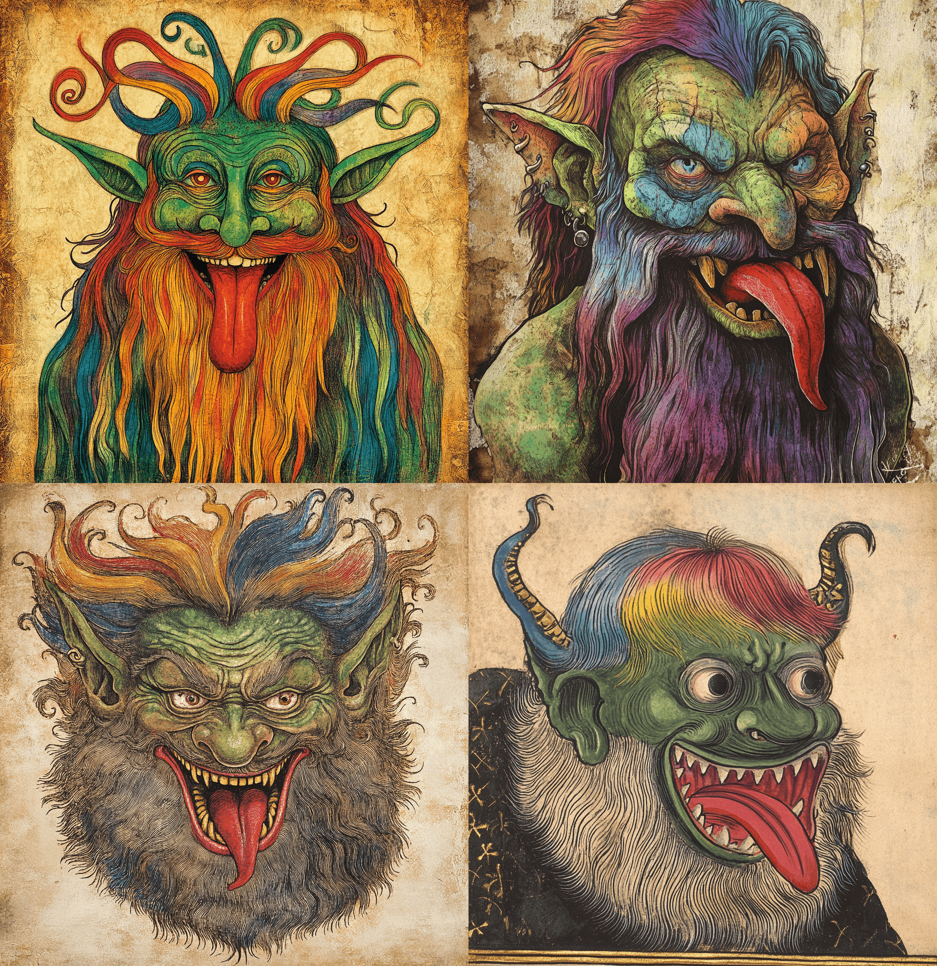 AI generated: medieval illumination art of the troll with rainbow hair and beard, green skin, red tongue --ar 27:2...