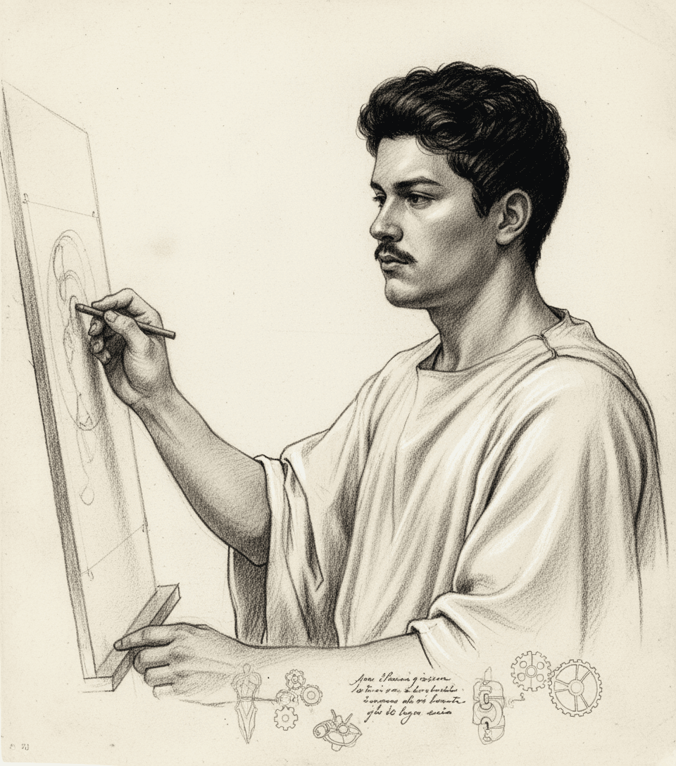 AI generated: young man with mustache and short hair, wearing white tunic, drawing in the style of Da Vinci, black...