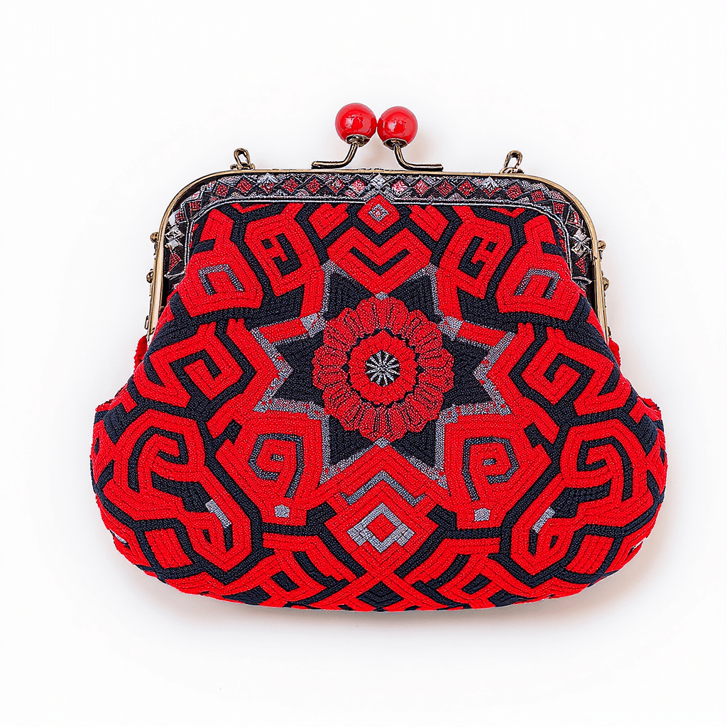 AI generated: a red and black purse  made of intricate decorative Japanese knots