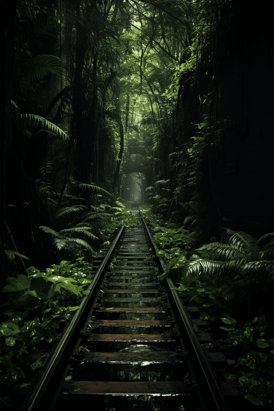AI generated: a train tunnel that is covered with vegetation, in the style of australian tonalism, darktable proce...