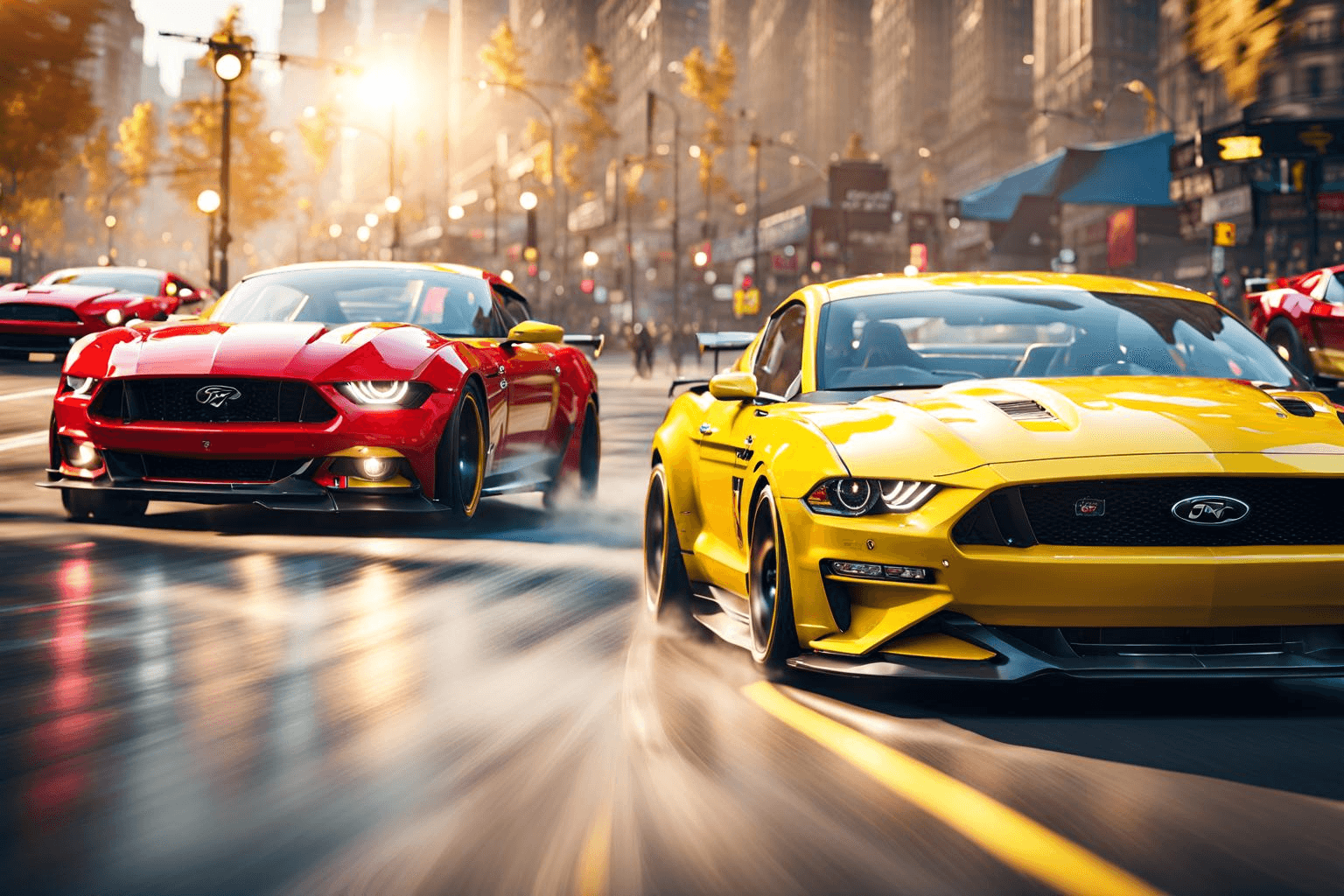 AI generated: cinematic CG 8k wallpaper, red and yellow cars (insanely realistic body design, 4k, 8k), symmetric a...