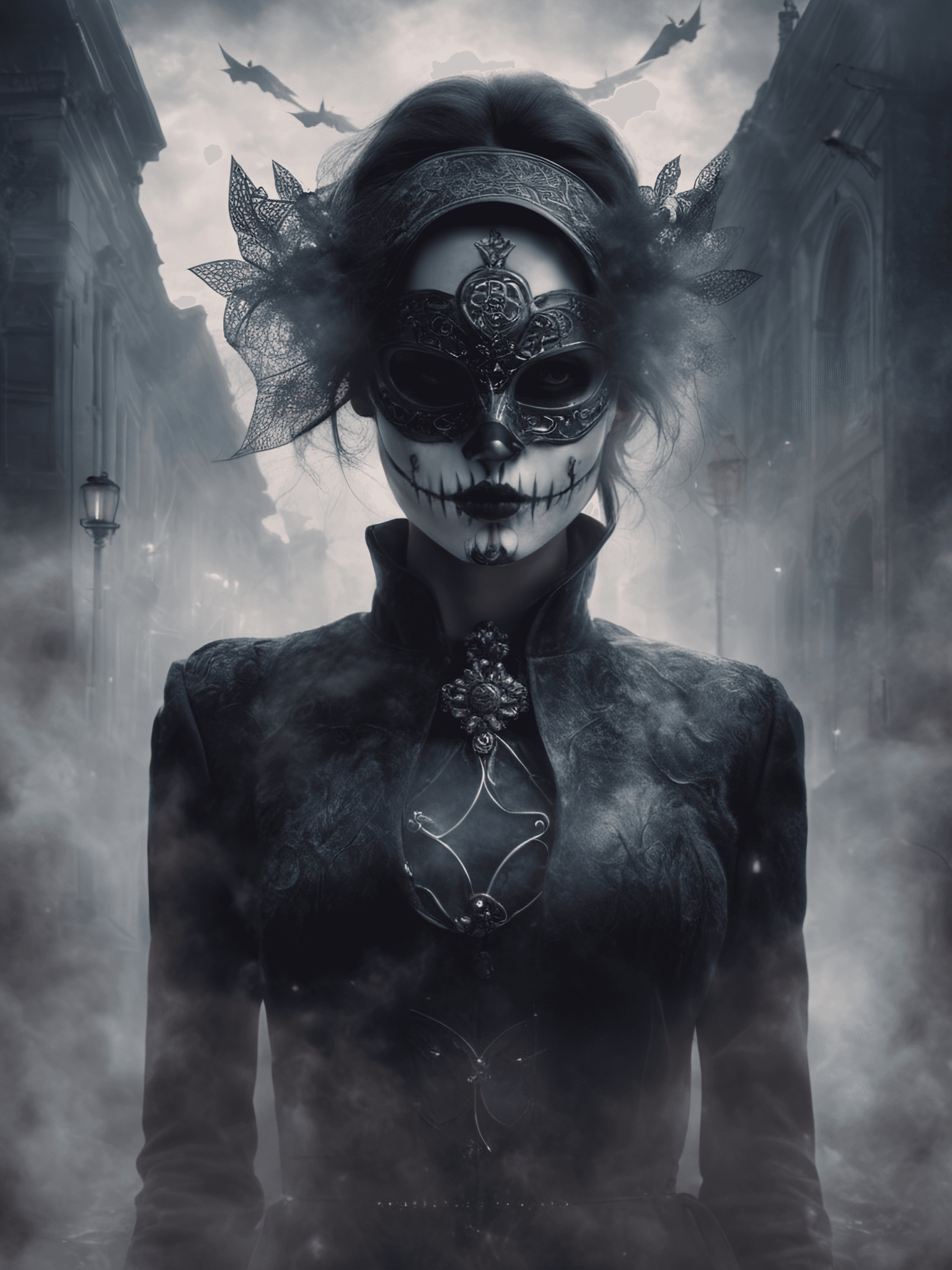 AI generated: breathtaking Artistic female in skull mask , solo., under creepy evil fog. In a City burial backgrou...