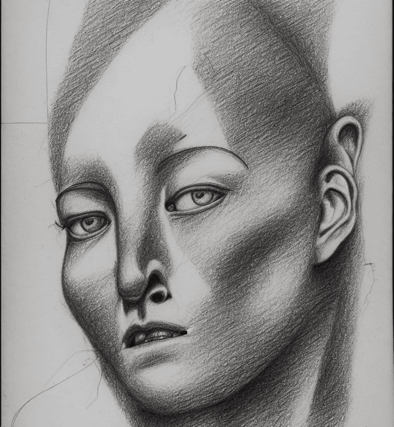AI generated: [(whole human face):1], pencil drawing, trembling design, many cancellations, overhanging, drawn ver...