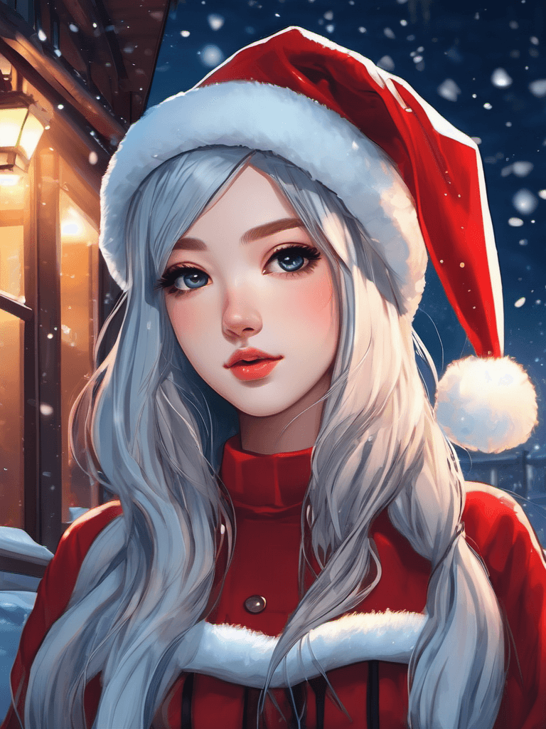 AI generated: close up digital illustration of a pretty 20yo girl with long hair dressed as santa claus, in the st...