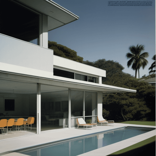 AI generated: Hyper realistic eye level exterior photo of a mid century modern style house overlooking the ocean, ...