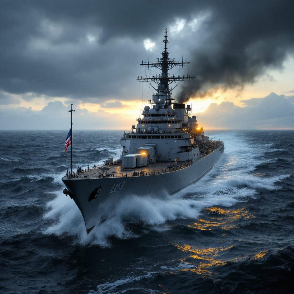 AI generated: professional photo of the USS Camden (AOE-2), on the high seas, during ruff weather,  8k, (high res)...