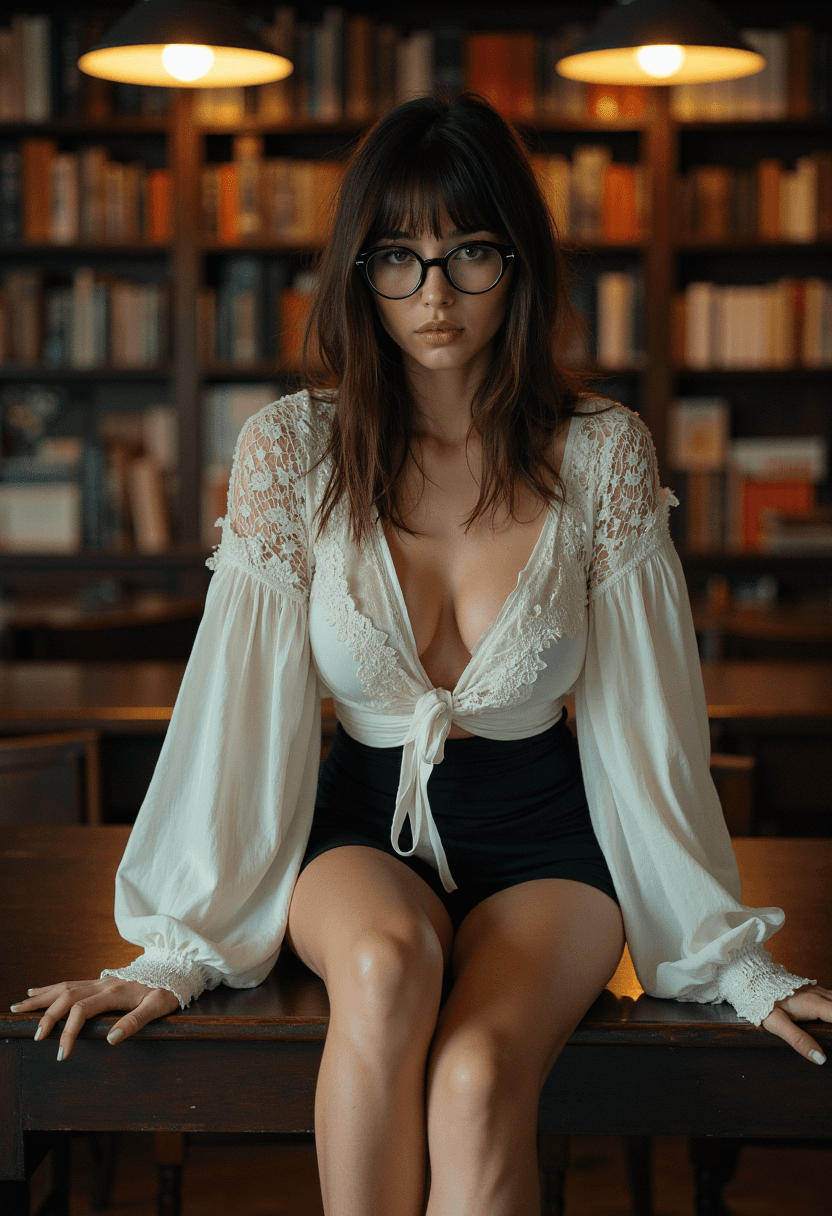 AI generated: A charismatic woman with shoulder-length brunette hair and bangs, dressed in a loose lace white blou...