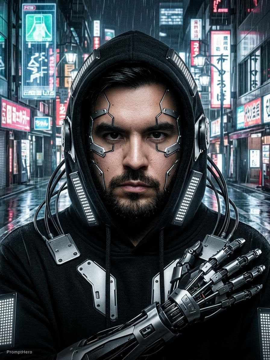 AI generated: the head of a white man with hoodie on keep the face of the attached photo, in the style of cyberpun...