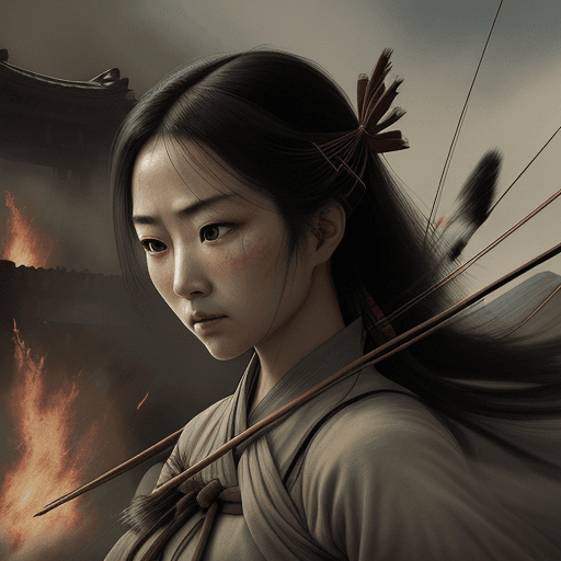 AI generated: photo realistic, detail, war situation, beauty japanese women archers with bows, tired expression, l...