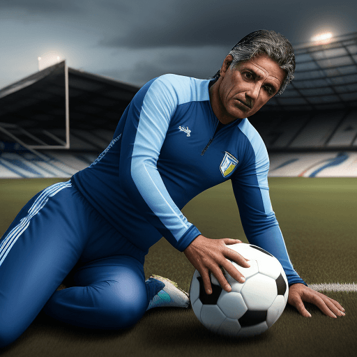 AI generated: Hyper realistic photo on a soccer pitch, man, 55 yo, latin american, dark hair, in blue training sui...