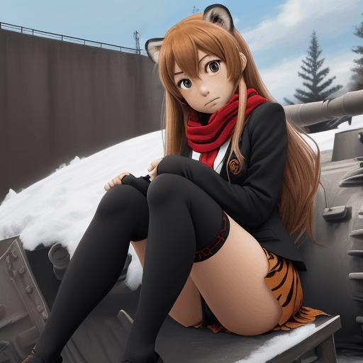 AI generated: toradora, taiga aisaka, anime, sit on tank, winter red school uniform, hand holding head, high detai...