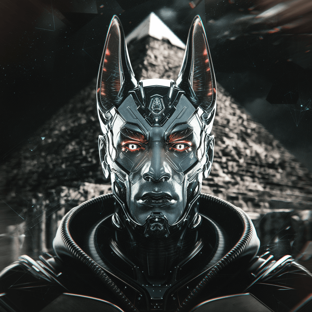 AI generated: portrait the egyptian male anubis, cyberpunk, black, pyramid, hyperdetailed eyes, hyperrealism extre...