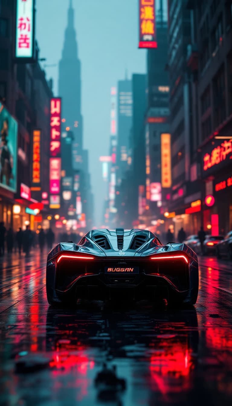 AI generated: a buggati chiron is standing in a cyberpunk city with cinematic and cyberpunk lighting