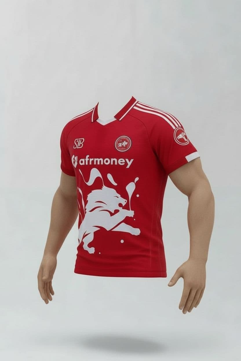 AI generated: A realistic mock-up of a red soccer jersey displayed on an athletic human torso (male or female), sh...