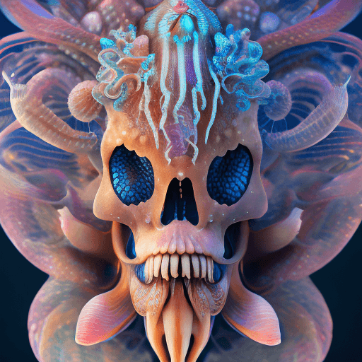 AI generated: Goddess close-up portrait ribcagel. jellyfish phoenix head, nautilus, orchid, skull, betta fish, bio...