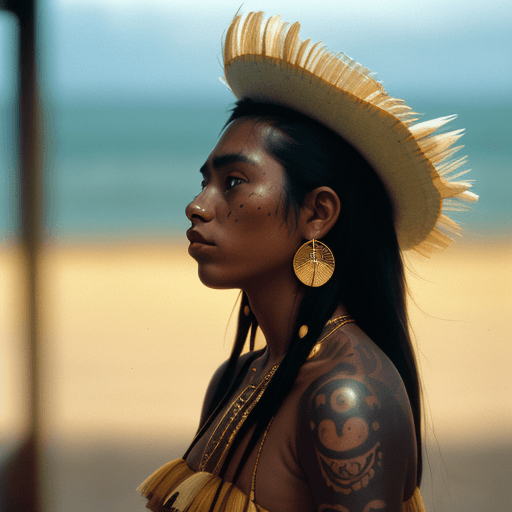 AI generated: hyperrealistic photography, portrait of a Colombian indigenous woman, future punk, gold tattoo line,...