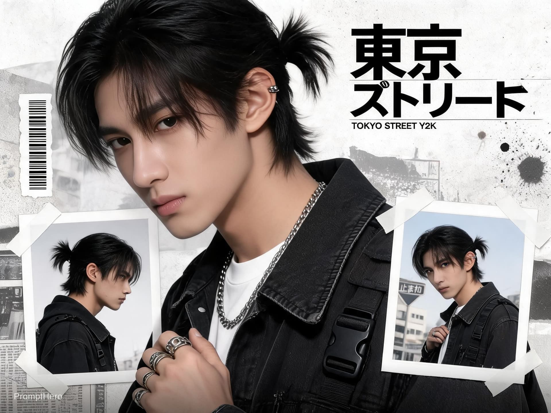 AI generated: Buat poster kolase editorial streetwear Jepang bergaya Y2K yang bold dengan estetika majalah fashion...